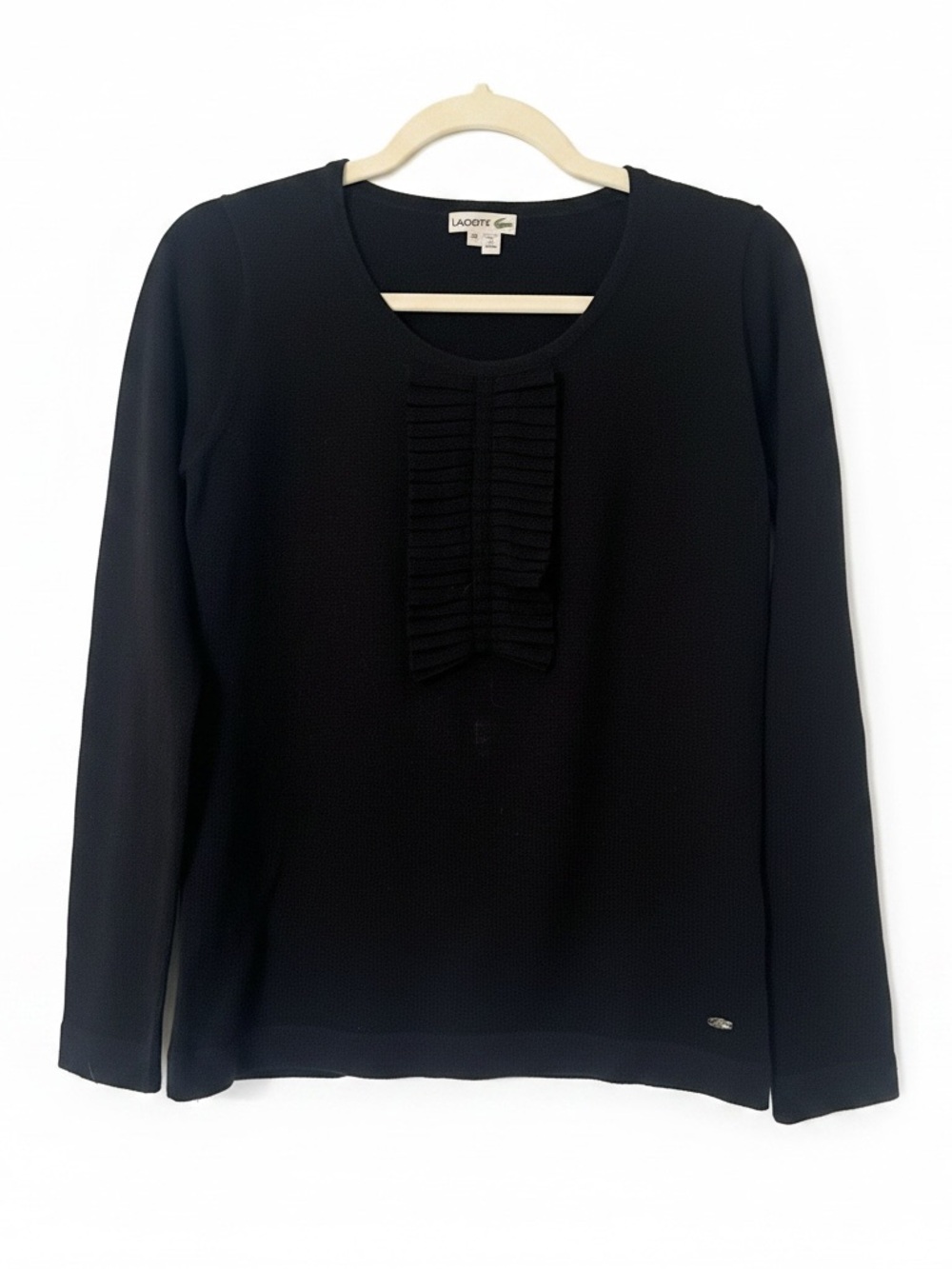 Lacoste Women's Black Long-Sleeve Ruffle Front Sweater Size 38
